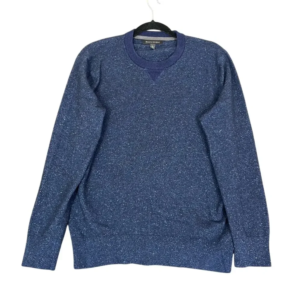 Banana Republic Sweater Mens Medium Blue Tweed Wool Silk Crew Neck Speckled